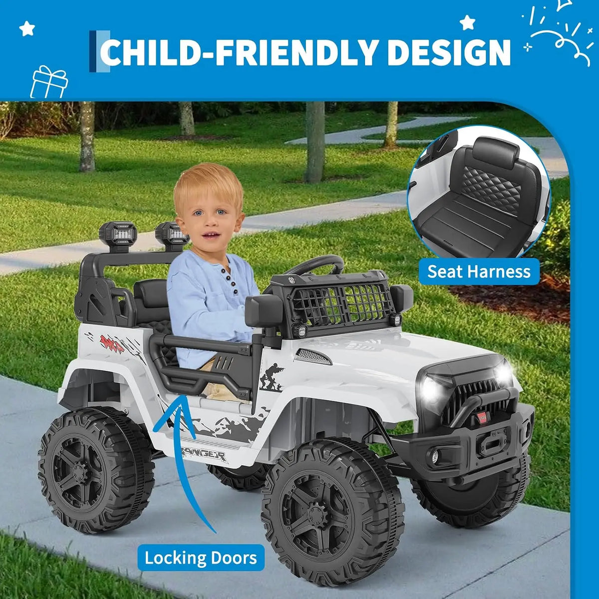 12V Kids Electric Ride on Truck with Parent Remote Control Spring Suspension Bluetooth Speaker LED Headlights All Terrain Toy Car with Safety Belt for Toddlers Outdoor Driving Gift