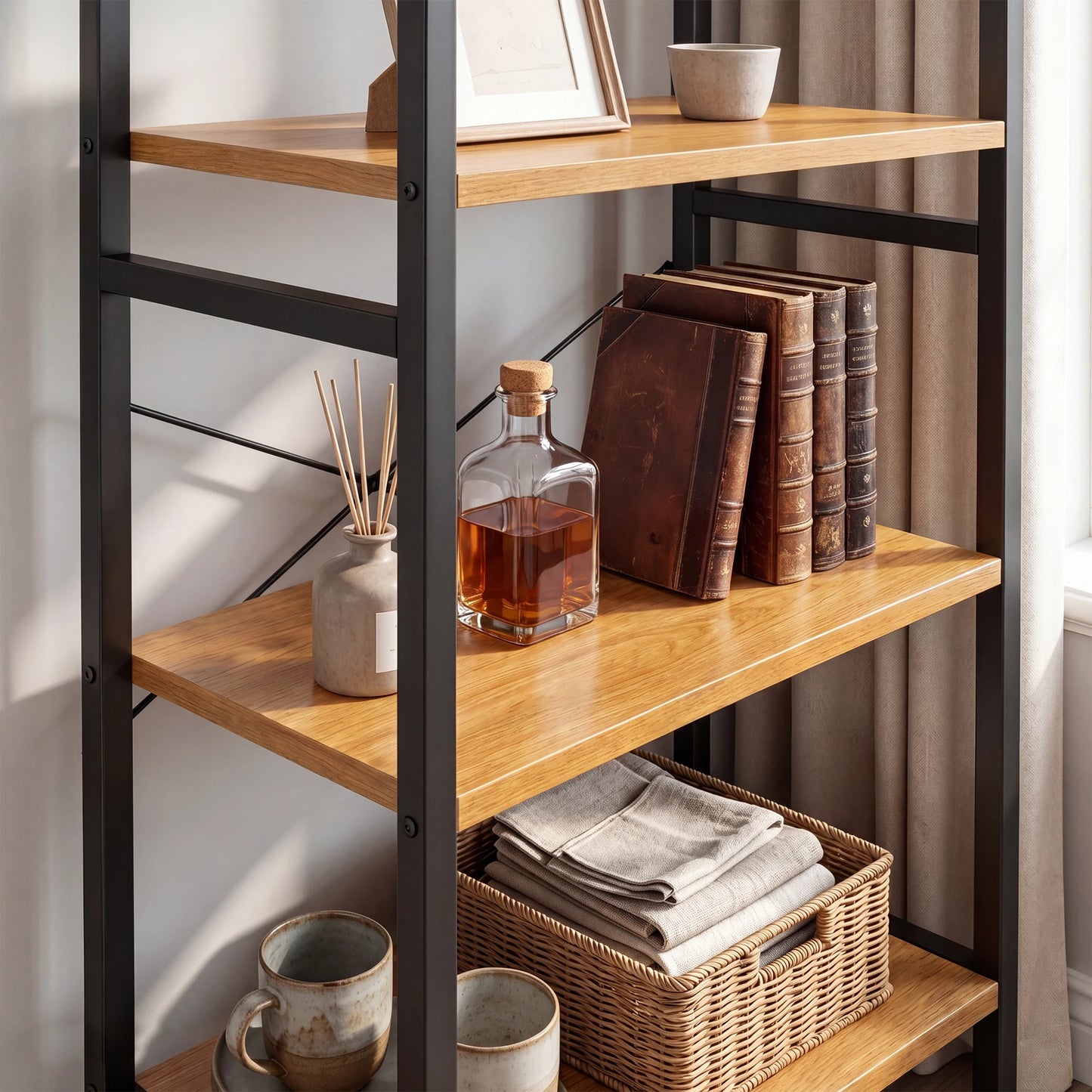 MCQ 3 Tiers Metal Classic Bookshelf Freestanding Tall Display Shelf Wooden Storage Tall Display Shelves Bookshelf Sturdy Structure Graduated Shelves Adjustable Feet for Home