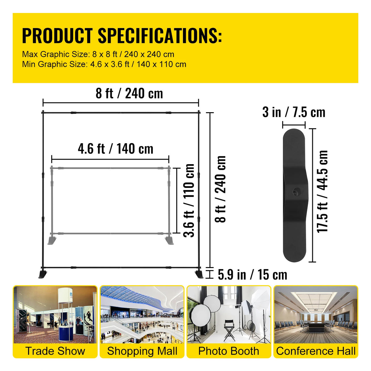 SucceBuy 2.4x2.4M Backdrop Background Stand Adjustable Telescopic Backdrop Banner Stand for Photocall Video Wedding Event Party