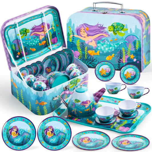 Joyfy Kid Tea Set Mermaid Tea Party Set Princess Pretend Play Tin Teapot Set Kitchen Toy for Girls Toddlers 2 3 4 5 6 Years Old