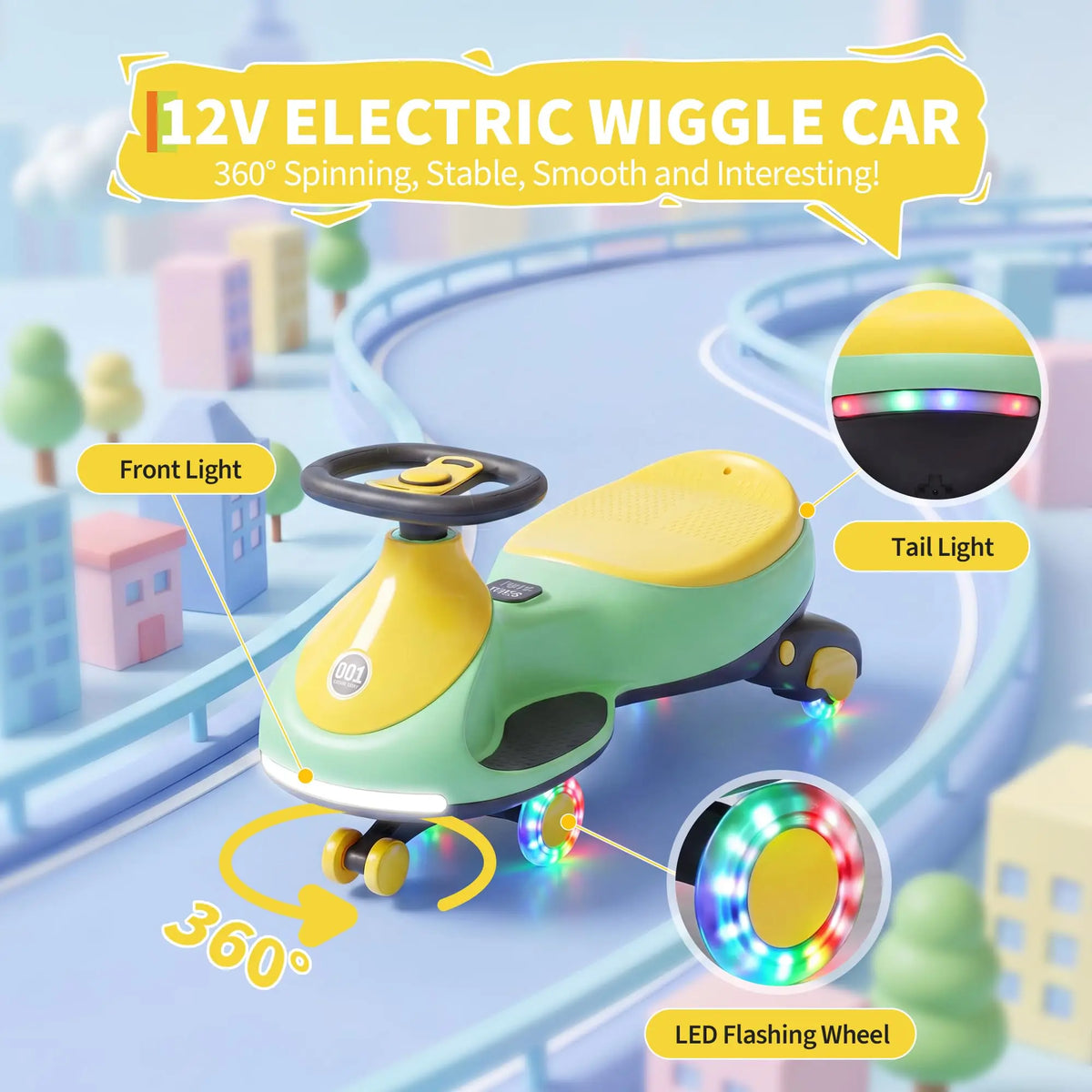 12V Electric Wiggle Car Kids With Pedal, 2 in 1 Ride On Swing Car, LED Wheels, Music, Rechargeable Battery, 2 Speeds, Indoor/Outdoor, for Boys and Girls