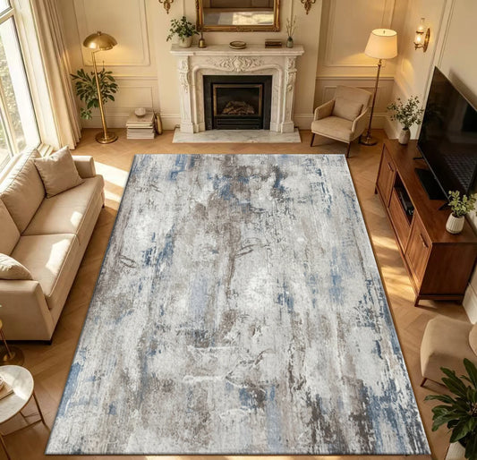 Neutral Grey Blue Abstract Brushstroke Area Rug Vintage Distressed Art Non Slip Washable Floor Carpet Bedroom Living Room