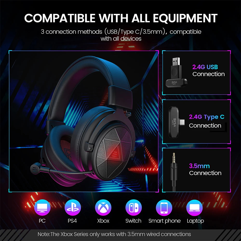5.8GHz Wireless Headphones 7.1 Surround Sound Gaming Headset ENC Noise Cancelling Mic 15ms Low Latency 3 Mode Connection 50mm Drivers Immersive Audio Clear Voice Adjustable Mic for PC PS4 PS5 Xbox Switch