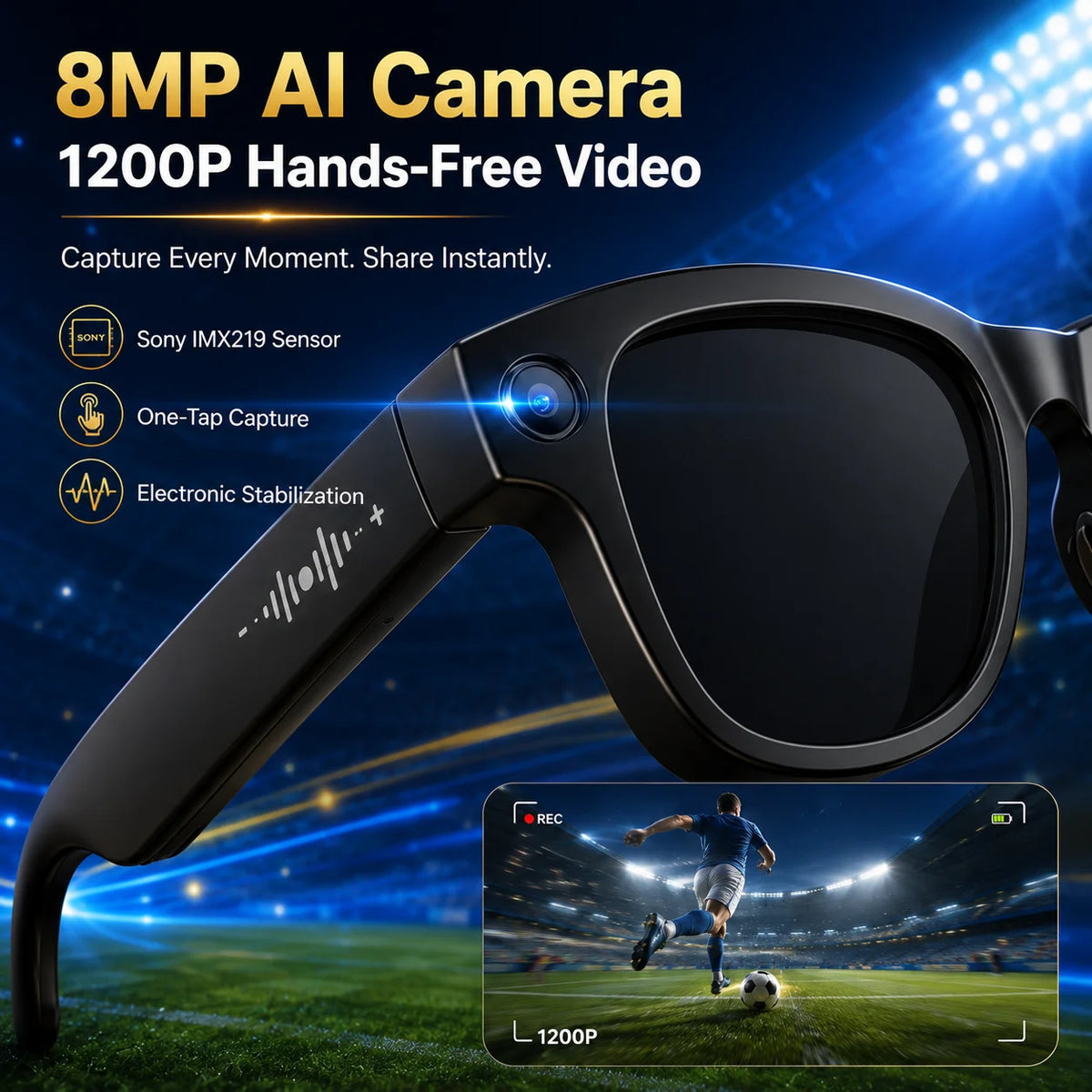 New AI Camera Glasses, 1200P Video, 8MP Photo, Object Recognition, Voice Wake Up, Dual Mic Noise Reduction Bluetooth Eyewear Set