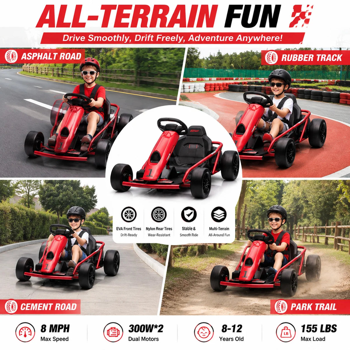 Kids Electric Go Kart 24V Dual 300W Brushless Motors 8 MPH Drift Racing Car with Wide Seat EVA and Nylon Tires Battery Powered Ride On Toy for Boys Girls Ages 8 12 Red