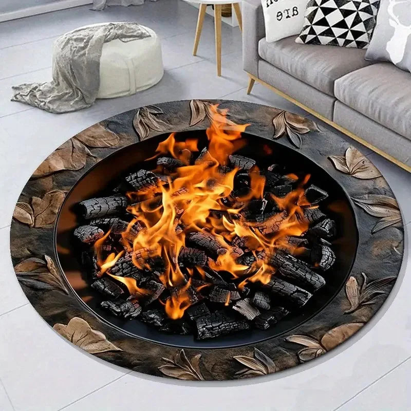3D Vision Fire Pit Rug Anti-slip Living Room Decoration Round Carpet Waterproof Rugs for Bedroom Washable Bedside Creative Mat