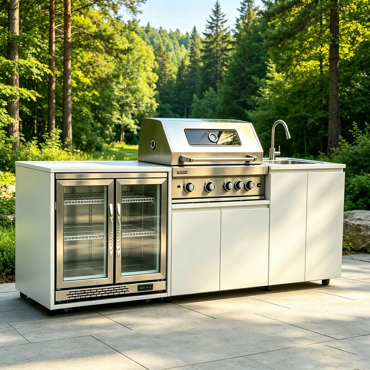 Stainless Steel Outdoor Kitchen With BBQ And Fridge With Grill Cooktop Sink Fridge Rolling Movable On Wheels For Backyard Patio