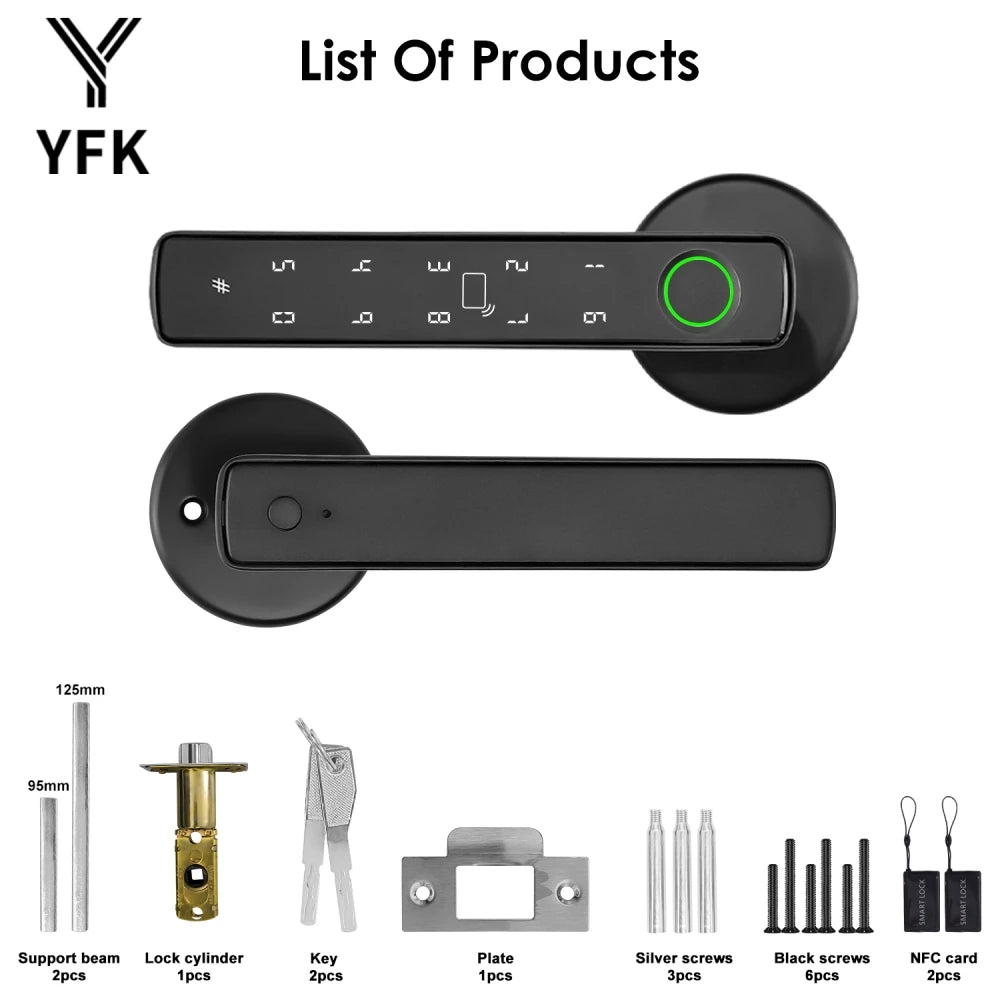 YFK Tuya 5-in-1 Smart Door Handle Lock Bluetooth Fingerprint Keyless Entry Lock Fake PIN NFC IC Card Temporary Password APP Remote Unlock Interior Smart Life Lock for Home Apartment Office Wooden Door