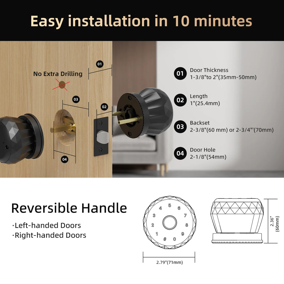 Viladepot Smart Lock Fingerprint, Passcode, App Control, Type-C Emergency Power, Indoor Door Lock