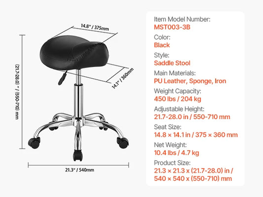 SucceBuy Saddle Stool with Wheel 450LBS Weight Capacity Height Adjustable Ergonomic Swivel Saddle Chair for Clinic Salon Tattoo
