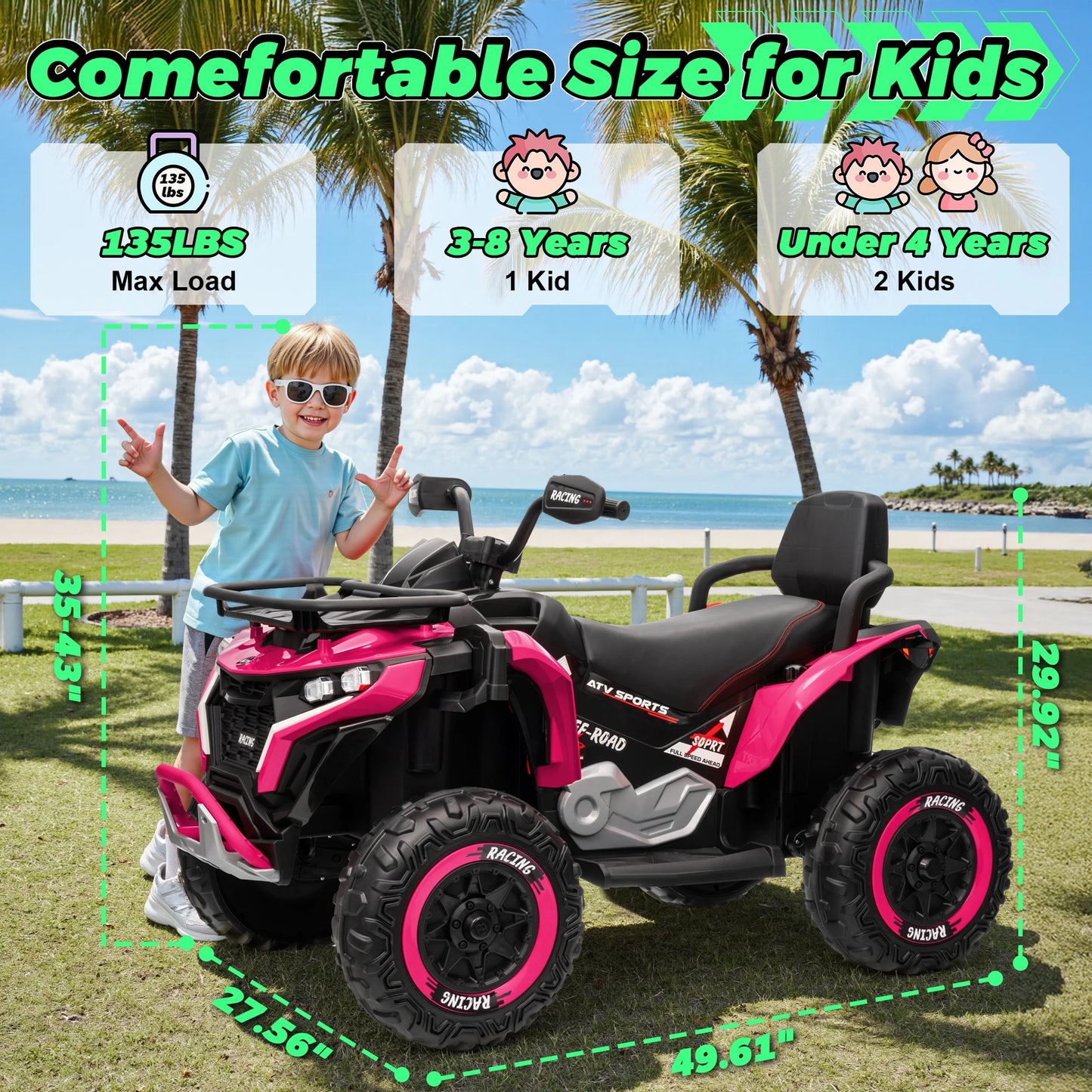 24V Ride on Car, Kids ATV XL Four Wheeler W/EVA Tires, 19-Inch Leather 2 Seater, 800W Motors, Remote Control, Knee Pads, Flower, 24 Volt Ride on Toys Quad for Big Kids