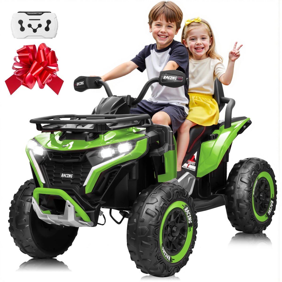 24V Ride on Car, Kids ATV XL Four Wheeler W/EVA Tires, 19-Inch Leather 2 Seater, 800W Motors, Remote Control, Knee Pads, Flower, 24 Volt Ride on Toys Quad for Big Kids
