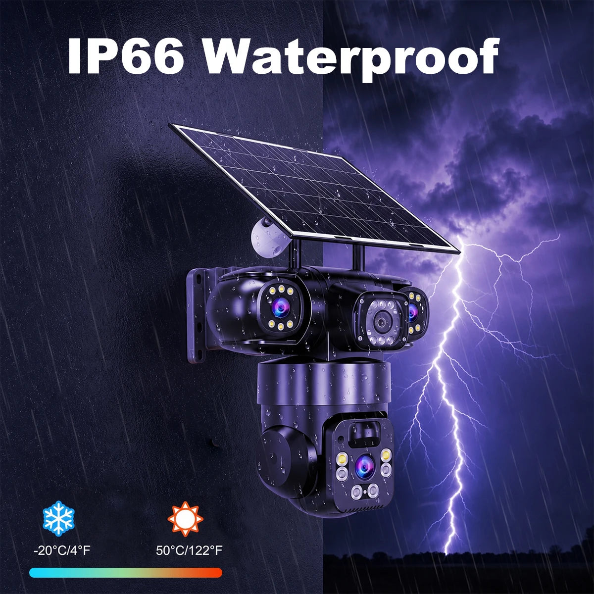 4 Lens Solar Security Camera Wireless Outdoor WiFi PTZ Camera 8000mAh Battery Solar Powered Human Auto Tracking Color Night Vision Two Way Audio IP66 Waterproof V380 Home Surveillance CCTV Camera
