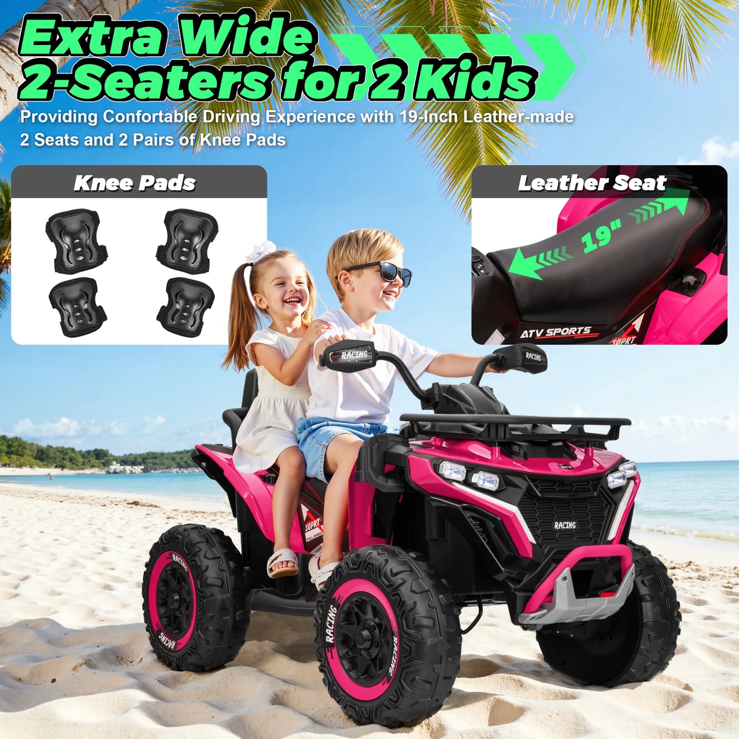 24V Ride on Car, Kids ATV XL Four Wheeler W/EVA Tires, 19-Inch Leather 2 Seater, 800W Motors, Remote Control, Knee Pads, Flower, 24 Volt Ride on Toys Quad for Big Kids