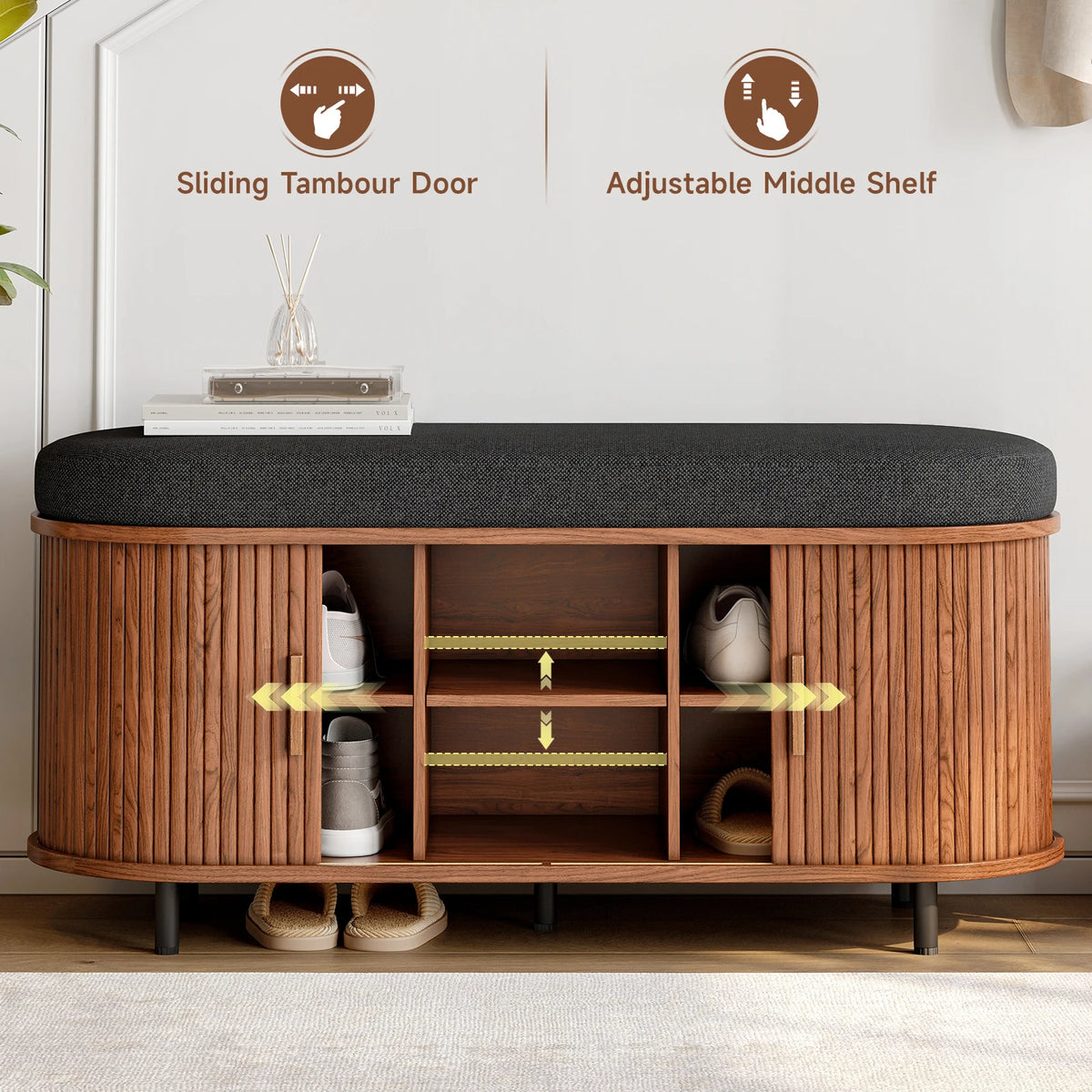 43.3 inch Shoe Storage Bench, 3 Tier Shoe Rack Bench Organizer with Storage, Cushion and Sliding Door Removable