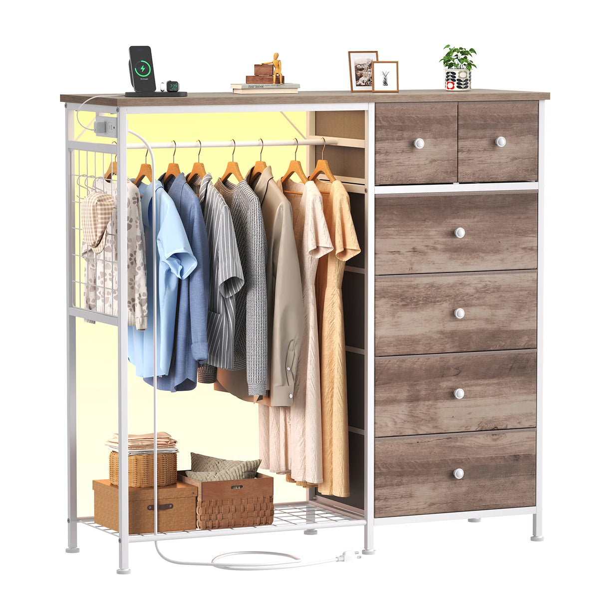 JHK 6 Drawer Fabric Dresser with Hanging Rack for Living Room Closet Storage Organizer with Charging Station and LED Lights for Home Entryway
