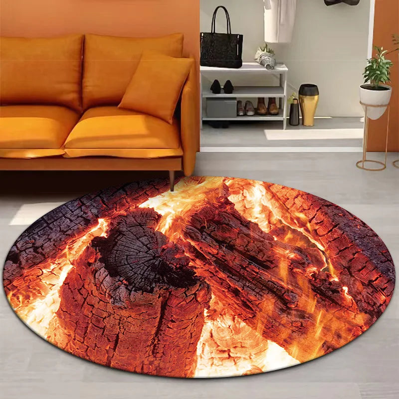 3D Vision Fire Pit Rug Anti-slip Living Room Decoration Round Carpet Waterproof Rugs for Bedroom Washable Bedside Creative Mat