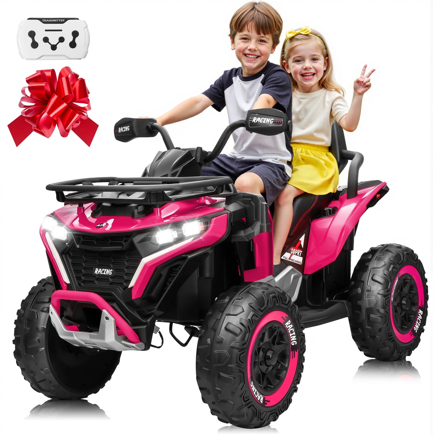 24V Ride on Car, Kids ATV XL Four Wheeler W/EVA Tires, 19-Inch Leather 2 Seater, 800W Motors, Remote Control, Knee Pads, Flower, 24 Volt Ride on Toys Quad for Big Kids