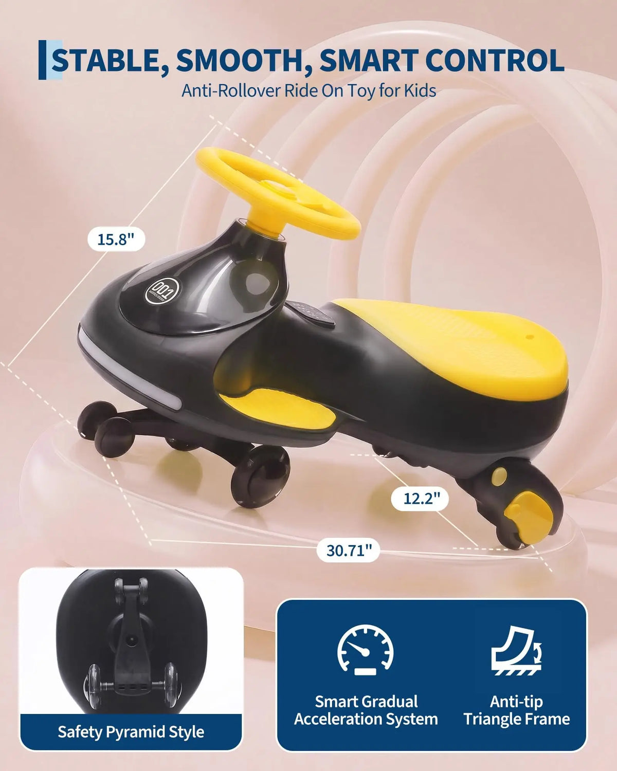12V Electric Wiggle Car Kids With Pedal, 2 in 1 Ride On Swing Car, LED Wheels, Music, Rechargeable Battery, 2 Speeds, Indoor/Outdoor, for Boys and Girls