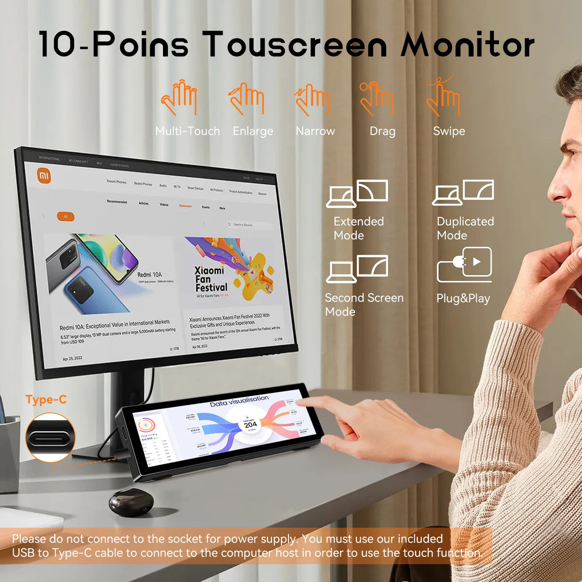 8.8-inch Chassis Secondary Screen 1920*480 Long-shaped LCD Touch Screen with Built-in Stand, AIDA64 Touch Version