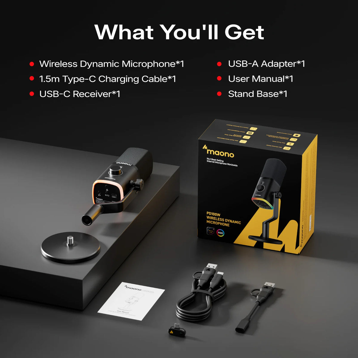 MAONO PD100W Wireless USB Dynamic Microphone Cardioid Microphone with One-Touch Mute Noise Reduction Custom RGB Light  Real-Time Monitoring Microphone for PC Gaming Live Streaming Creator Podcast