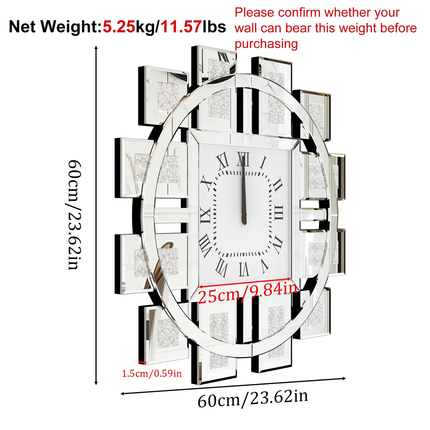 Wall Clock 60cm/24" Round Clock with Crushed Diamond Decor Beveled Mirror Edge Frame Silver for Entry, Livingroom, Office