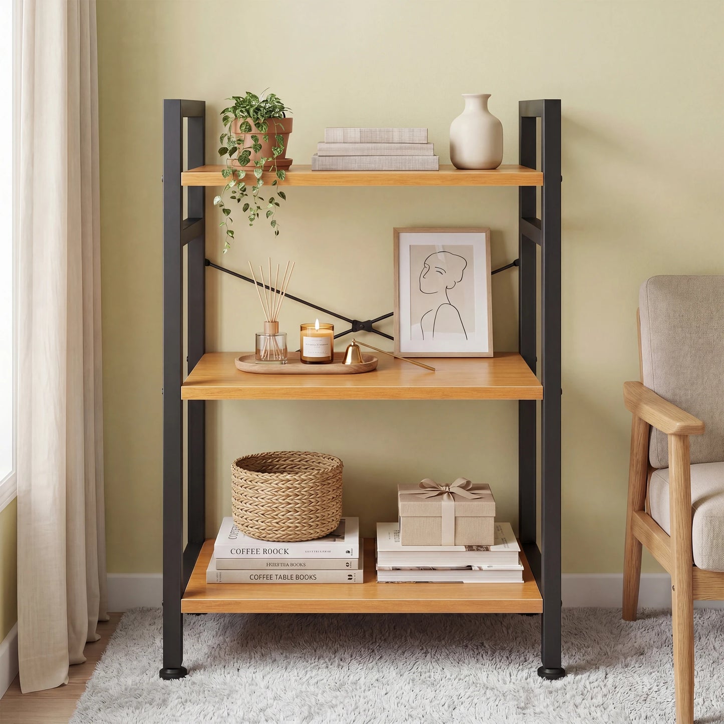 MCQ 3 Tiers Metal Classic Bookshelf Freestanding Tall Display Shelf Wooden Storage Tall Display Shelves Bookshelf Sturdy Structure Graduated Shelves Adjustable Feet for Home