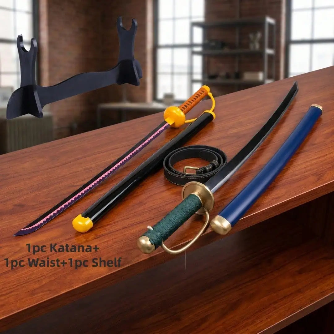 40inch 101cm Katana Sword One Piece Zoro Enma Wado Ichimonji Blade Wood Bamboo Japanese Samurai Anime Cosplay Prop Stand Belt 2pcs Set Real Size Otaku Collectible Gift Toy Display Three Sword Style Ninja Knife Schwert Sabre
