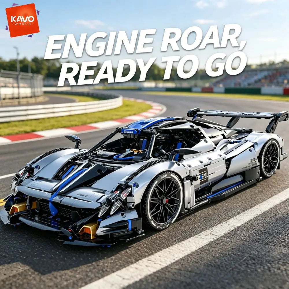 KAVOWORLD 1:8 Scale Silver-Blue Technical Super Racing Sports Car Building Blocks Set 3526pcs DIY STEM Assembly Premium ABS Racing Car Building Bricks Toy Model with Rear Linkage Engine & Track Wing, Ideal Birthday Christmas