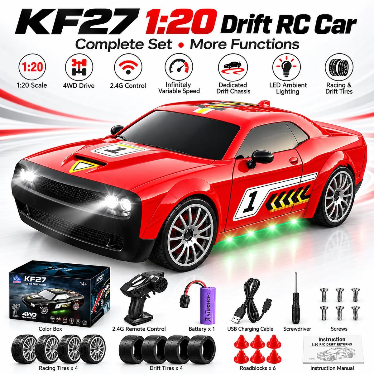 1:20 4WD RC Drift Car 2.4Ghz Full‑Proportional Remote Interchangeable Drift & Racing Tires Gearbox Damping Multi‑LED Light Racing Hobby Toy