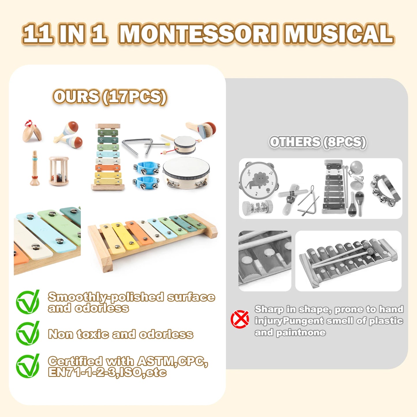 11 in 1 Toddler Musical Instruments,Wooden Percussion Instruments Toy for Kids Baby Preschool Educational Musical Toys Set for B