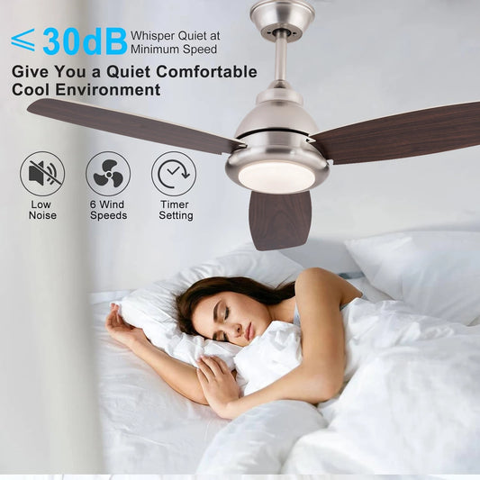 6 Speeds Ceiling Fan Light 35dB Quiet Pure Copper Motor with Remote Control 3 Color Dimmable LED Timer 1-4H Reversible Function For Bedroom Living Room Dining Room Home Office