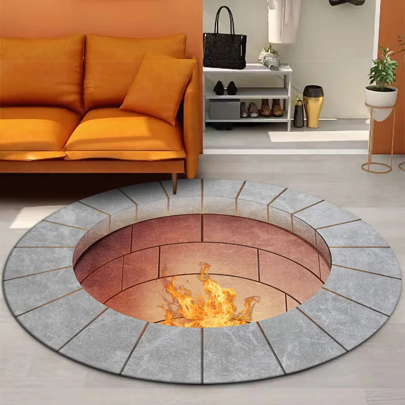 3D Vision Fire Pit Rug Anti-slip Living Room Decoration Round Carpet Waterproof Rugs for Bedroom Washable Bedside Creative Mat