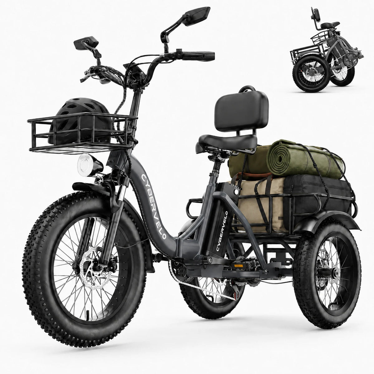 Cybervelo C16 1000W Peak Folding Fat Tire Step-Thru Adult Electric Tricycle 20.8Ah Removable Battery Cargo E-Trike for Seniors