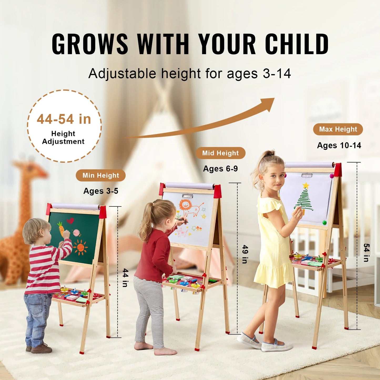 SucceBuy Children Magnetic Drawing Board Wooden Double-Sided Kid's Art Easel with Whiteboard Chalkboard for Girls Gifts Toys