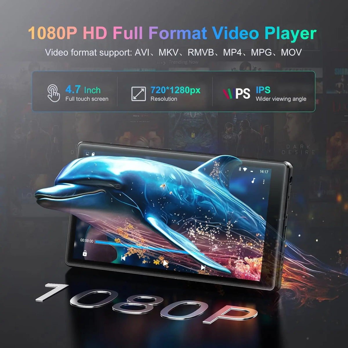 1080P Android 13.0 4.7-inch 32GB/96GB MP3 Player with Bluetooth and WiFi, up to 1TB