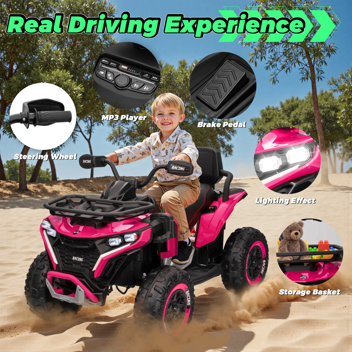 24V Ride on Car, Kids ATV XL Four Wheeler W/EVA Tires, 19-Inch Leather 2 Seater, 800W Motors, Remote Control, Knee Pads, Flower, 24 Volt Ride on Toys Quad for Big Kids