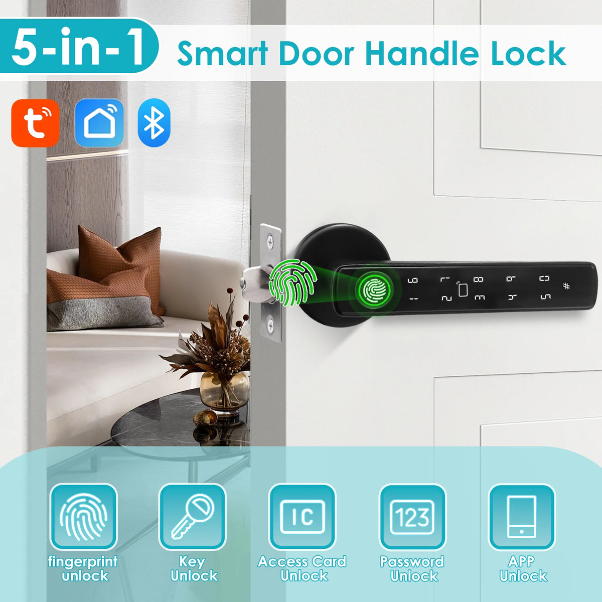 YFK 5-in-1 Smart Door Handle Lock Tuya Bluetooth Fingerprint Password IC Card Key APP Keyless Entry Black Silver