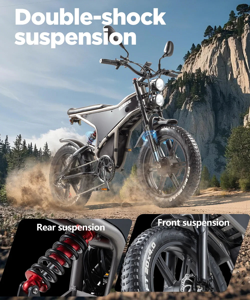 Electric Bike for Adults RANDRIDE DM711, 2000W Motor, 48V 20Ah Removable Lithium Battery, 20*4.0 inch Fat TireFull Suspension Electric Mountain Bike, Mechanical Brake, Long Range Off-Road Beach Snow Bicycle, 40-45KMH Max Spee