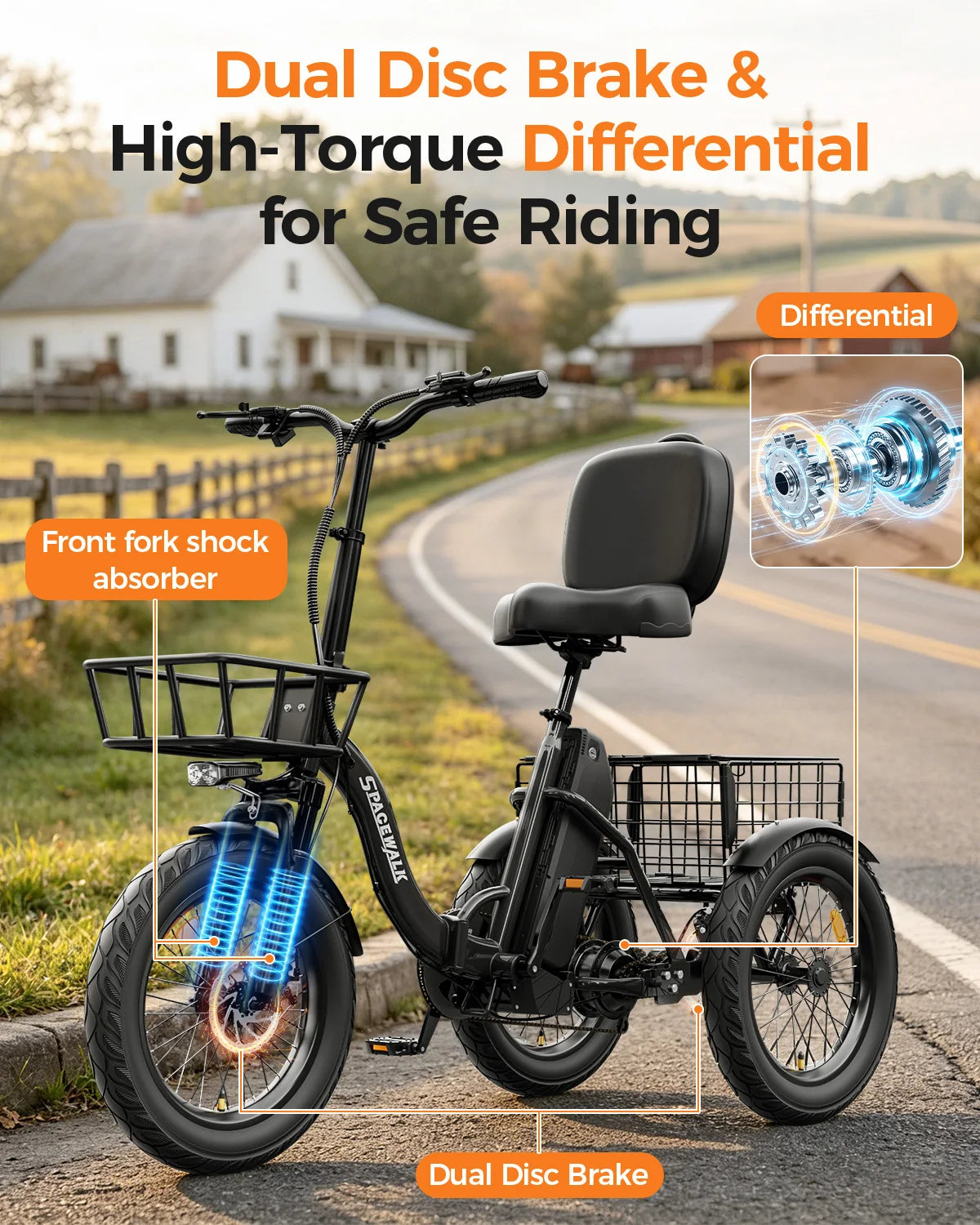 Spacewalk 1200W Peak Electric Trike for Adults, 48V 15Ah Battery 3 Wheel Electric Bike with 18"x3.0 Fat Tires, 60 Miles Range, Folding Cargo E-Bike with Wide Comfort Seat & Basket for Seniors-Black