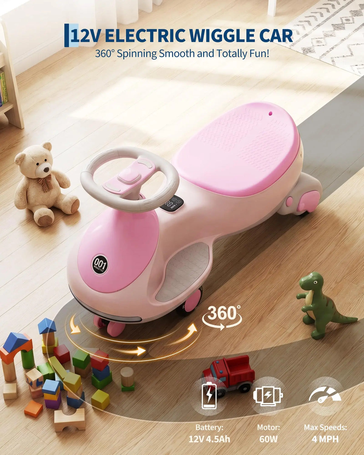 12V Electric Wiggle Car Kids With Pedal, 2 in 1 Ride On Swing Car, LED Wheels, Music, Rechargeable Battery, 2 Speeds, Indoor/Outdoor, for Boys and Girls