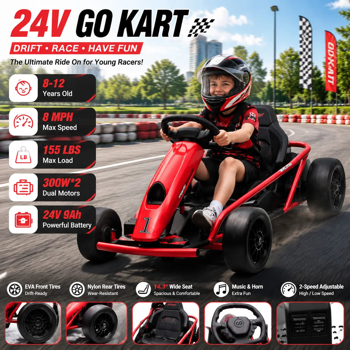 Kids Electric Go Kart 24V Dual 300W Brushless Motors 8 MPH Drift Racing Car with Wide Seat EVA and Nylon Tires Battery Powered Ride On Toy for Boys Girls Ages 8 12 Red