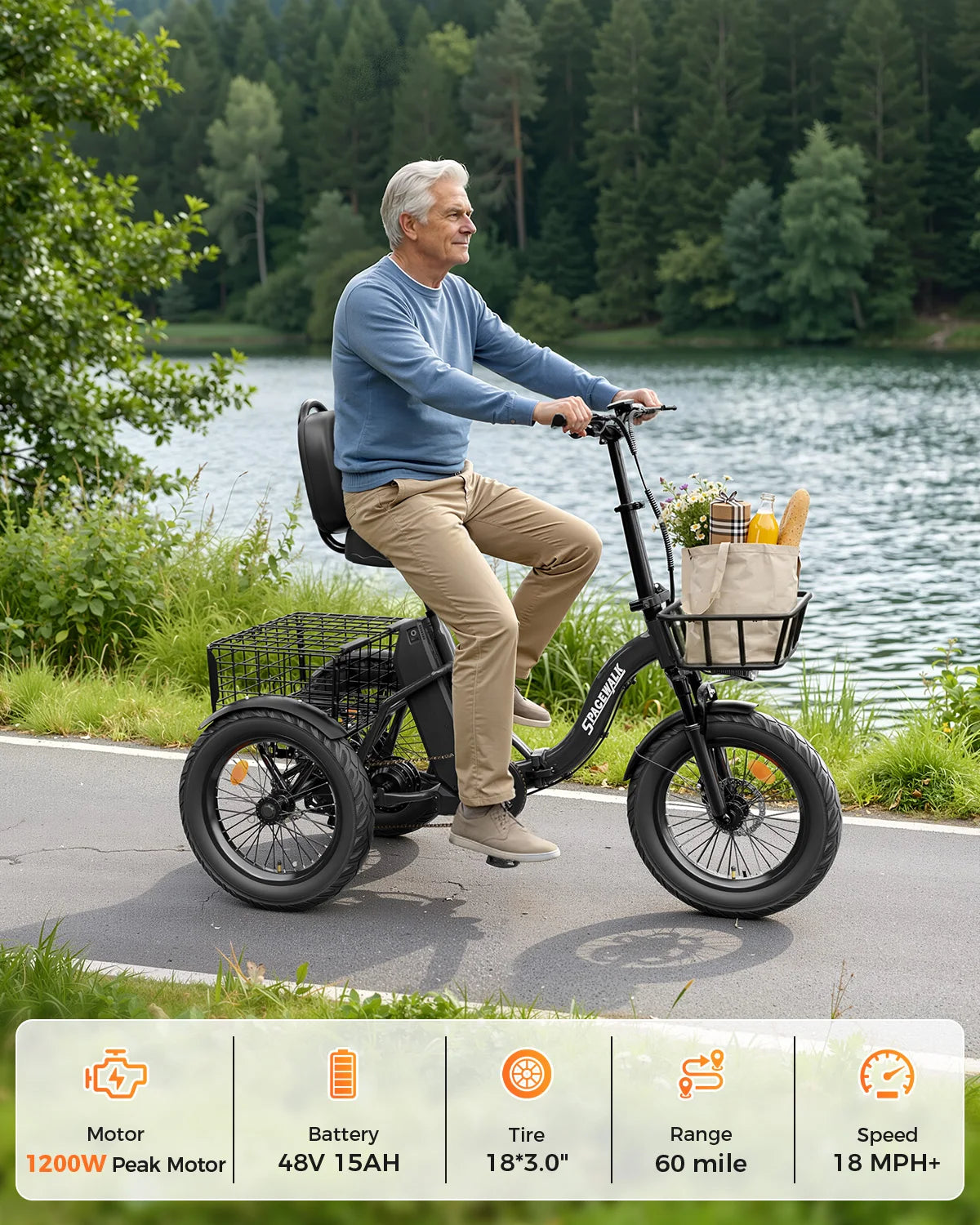 Spacewalk 1200W Peak Electric Trike for Adults, 48V 15Ah Battery 3 Wheel Electric Bike with 60 Miles Range, 18×3.0 Fat Tires, Dual Disc Brakes, Rear Cargo Basket, Adjustable Comfort Seat, Folding E Tricycle for Seniors-Black