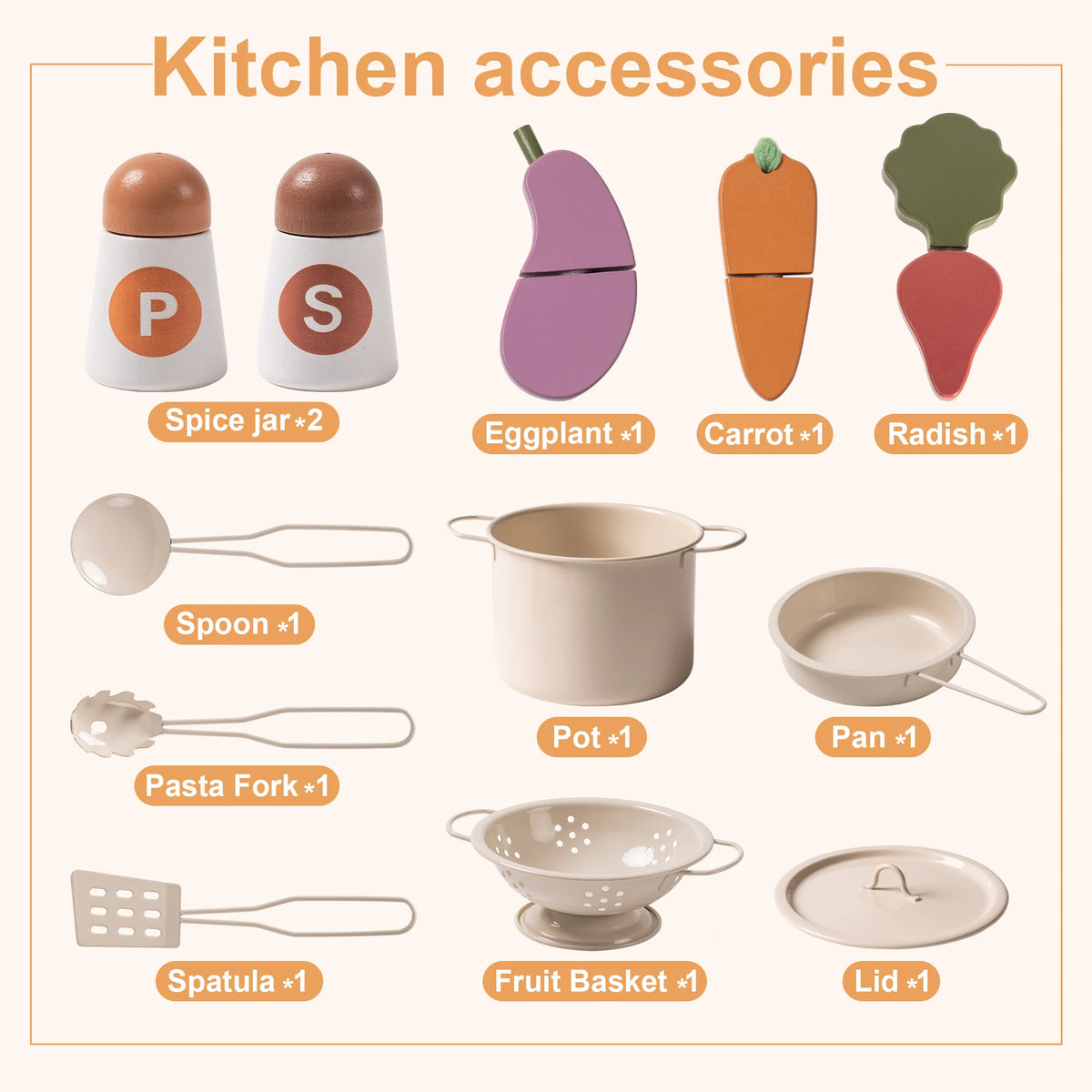 Robud Play Kitchen for Kids Toddlers Wooden Pretend Play Kitchen Set Toy with Cutting Food Set Toys Kitchen Gift for 3+ Kids Beige