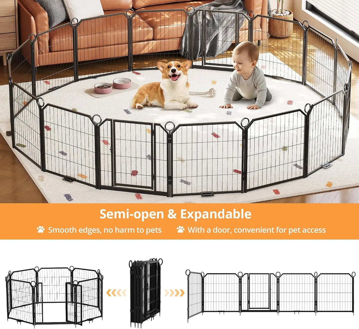 12/16/18 Panels 32/40inch Dog Playpen with DoorSelf-Locking Door & Stakes Heavy Duty Pet Fence Indoor Outdoor Pet Safety Isolation Barrier for Puppy Dog Supplies