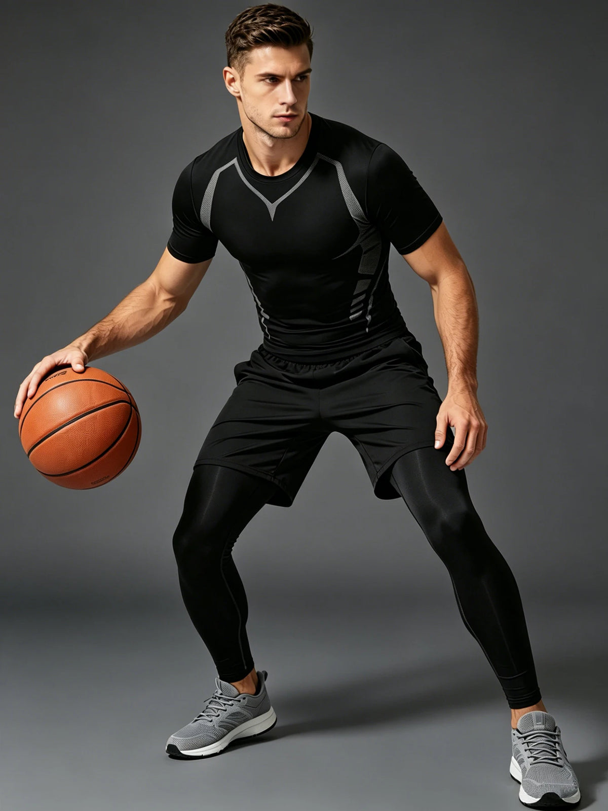 Men's Three-Piece Fitness Outfit Set: High-Elasticity, Quick-Drying Compression Training Top, Adjustable Shorts With Pockets, And High-Elasticity Compression Leggings; Suitable For Gym Workouts, Jogging, Cycling, And Other Sp
