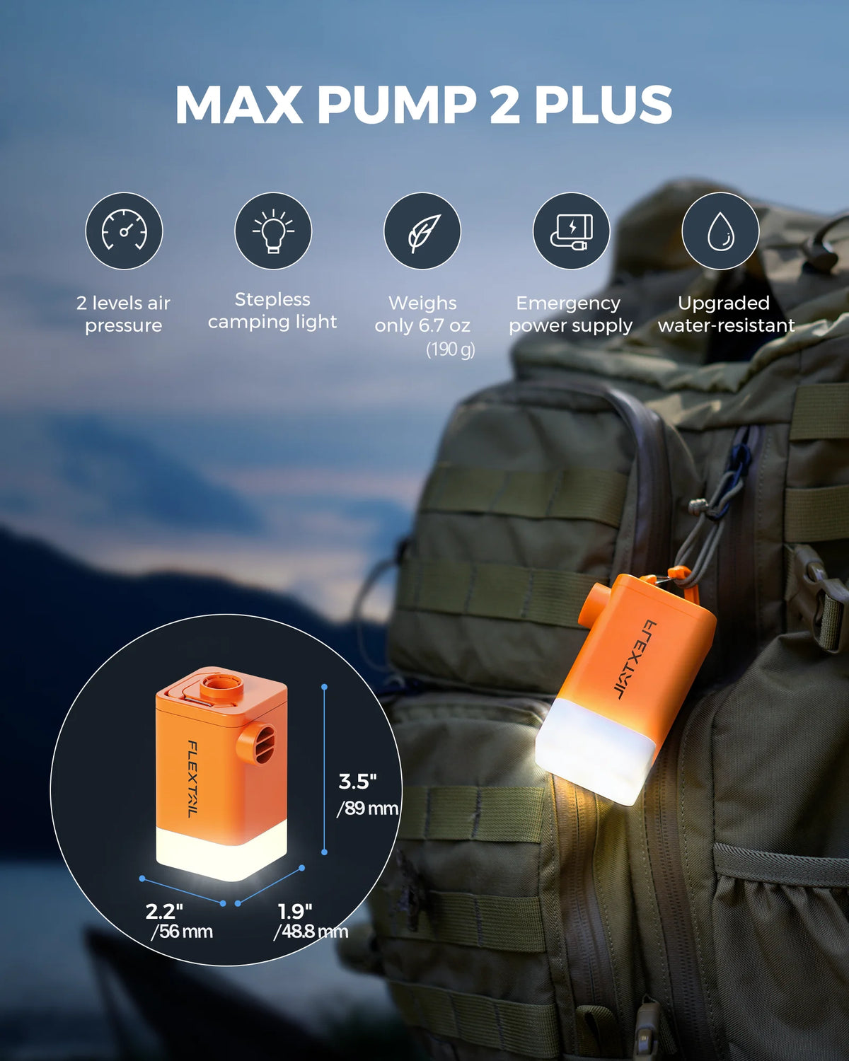 FLEXTAIL MAX PUMP 2 PLUS - Electric Air Pump with Camping Light and Emergency Power Supply, 4800mAh Battery, Dual Pressure Level