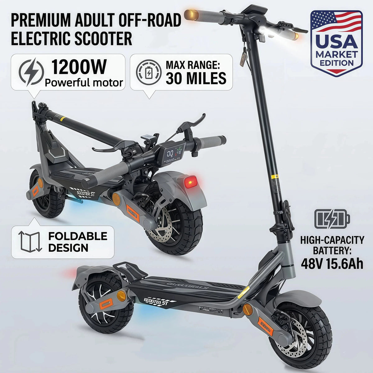 Electric Scooter for Adults 1200W Motor, 48V Lithium Battery, 35MPH Max Speed, 10" Off Road Tires, Disc Brakes, Foldable E Scooter