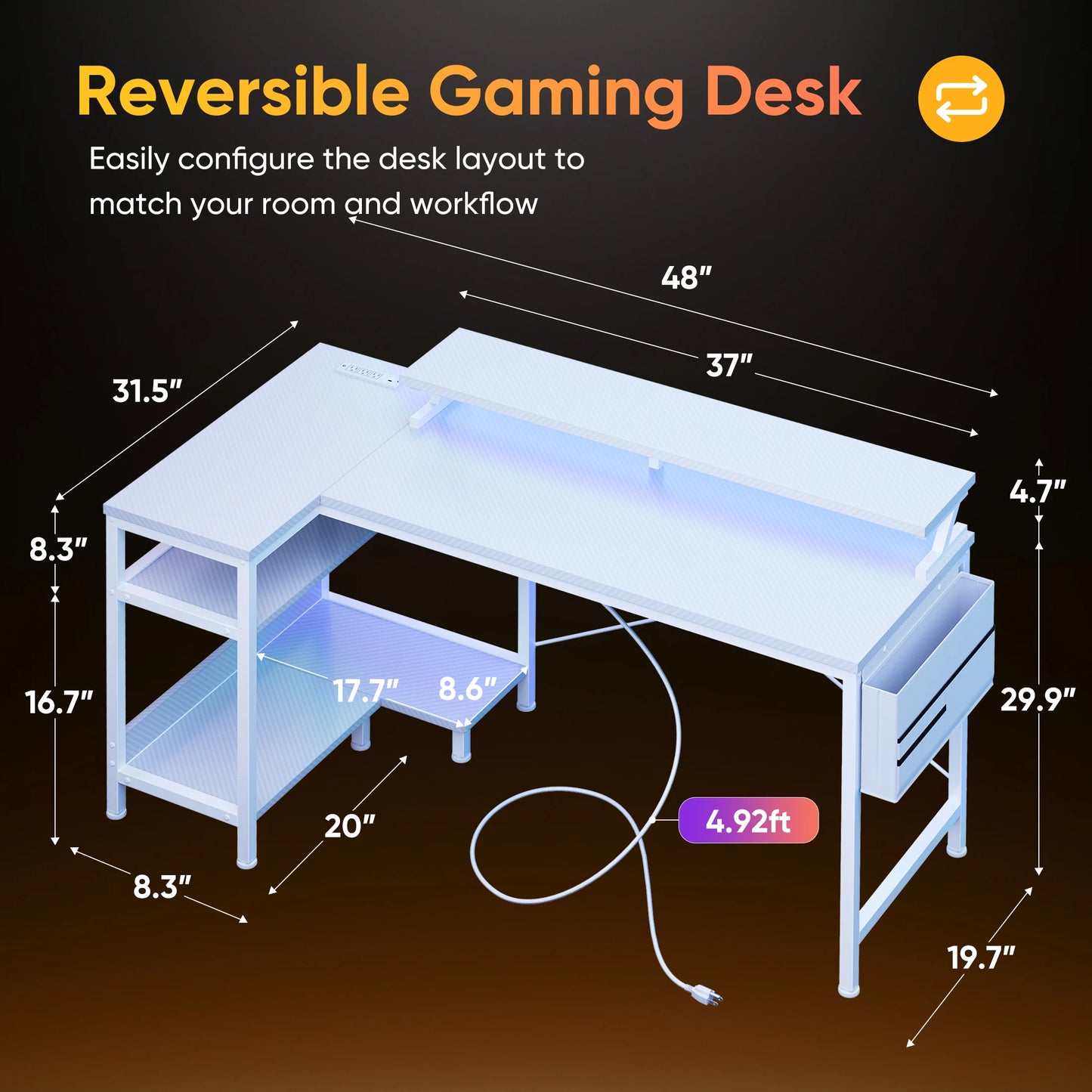 JHK 40IN to 48IN L Shaped with Storage Shelves Computer Desk Gaming Wood Table with USB Charging Ports LED Lights for Office