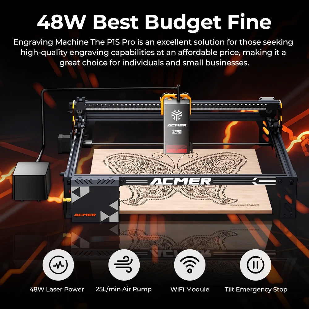 P1 S PRO 48W/36W/20W  Laser Engraver and Cutting High Pow Machine  WIFI APP with Air Pump For Plywood Acrylic MDF Glass Leather